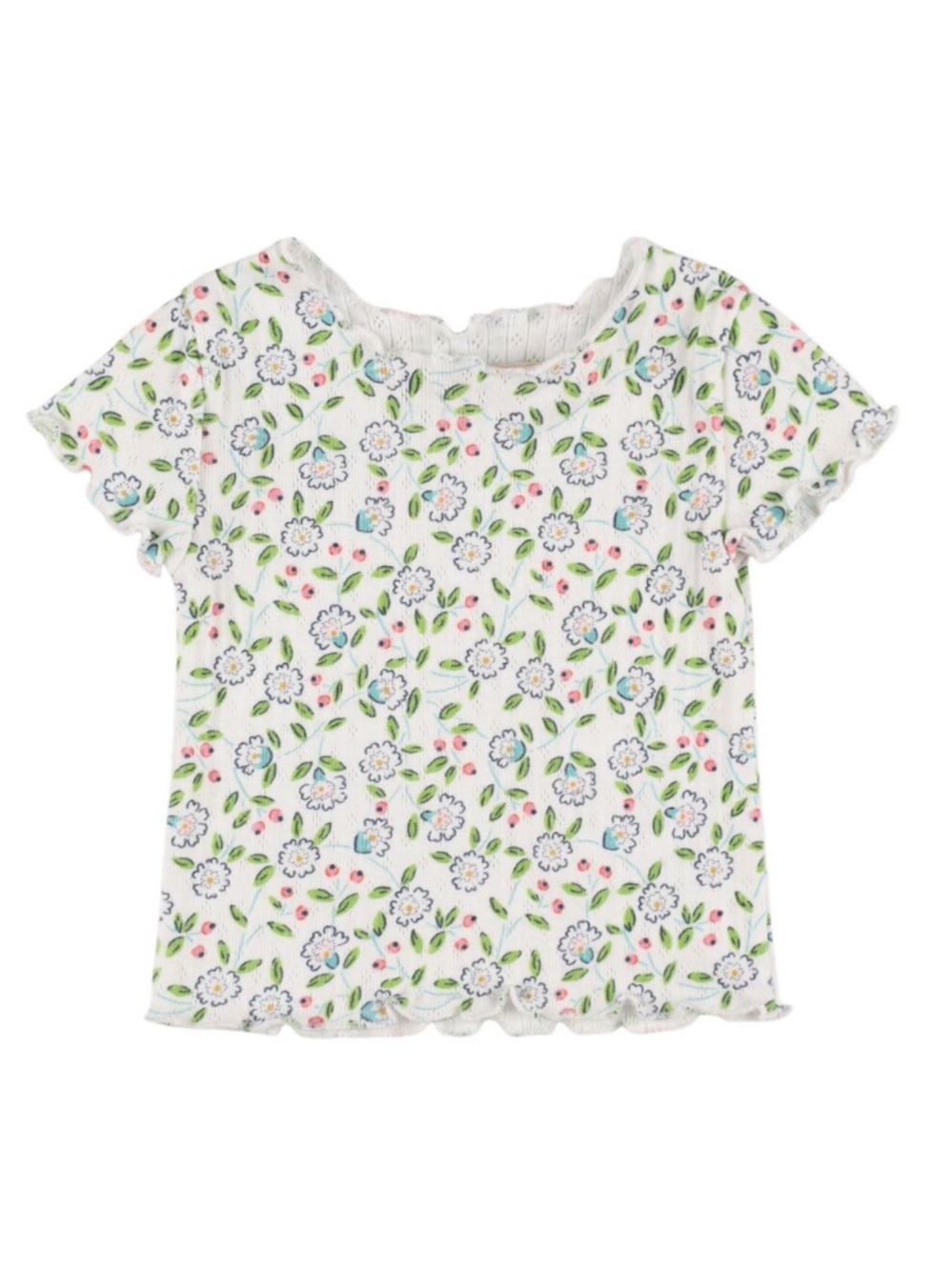 Floral Ruffle-Trim Short Sleeve Tee - White